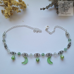 Filigranowy choker zielony agat fluoryt księżyce moon