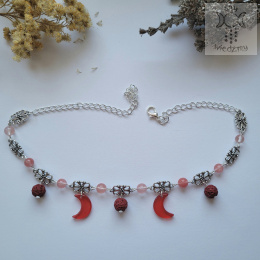 Filigranowy choker czerwony kwarc arbuzowy lawa wulkaniczna księżyce moon