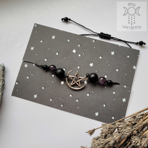 Bransoletka Moon Pentagram onyks ametyst makrama