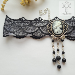 Choker Kolia Spider Web Cameo Onyks obsydian lawa wulkaniczna kwarc dymny