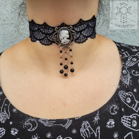 Choker Kolia Spider Web Cameo Onyks obsydian lawa wulkaniczna kwarc dymny Choker Kolia Spider Web Cameo Onyks obsydian lawa wulkaniczna kwarc dymny