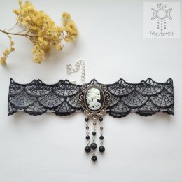 Choker Kolia Spider Web Cameo Onyks obsydian lawa wulkaniczna kwarc dymny
