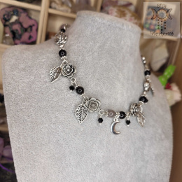 Flower Spirit obsydian srebrzysty srebrny choker naszyjnik róże Rose Moon księżyc