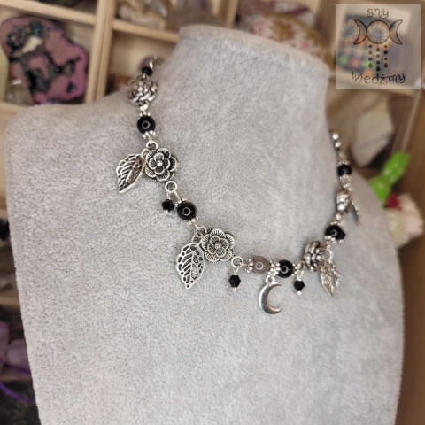 Flower Spirit obsydian srebrzysty srebrny choker naszyjnik róże Rose Moon księżyc Flower Spirit obsydian srebrzysty srebrny choker naszyjnik róże Rose Moon księżyc