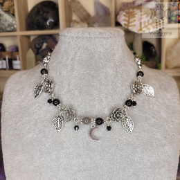 Flower Spirit obsydian srebrzysty srebrny choker naszyjnik róże Rose Moon księżyc