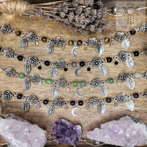 Flower Spirit obsydian srebrzysty srebrny choker naszyjnik róże Rose Moon księżyc Flower Spirit obsydian srebrzysty srebrny choker naszyjnik róże Rose Moon księżyc