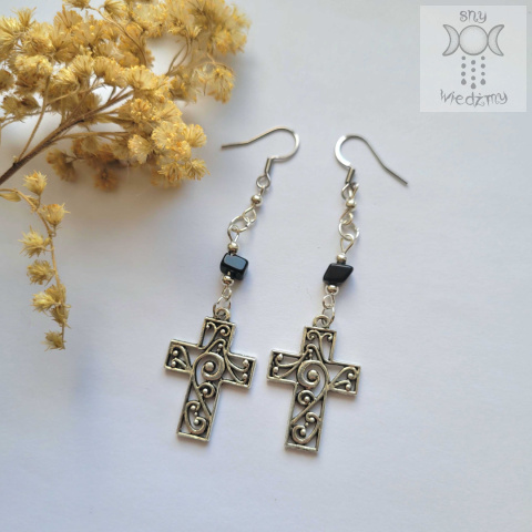 Kolczyki Cross onyks krzyże goth gothic