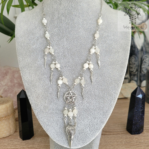 Naszyjnik Krucze Czaszki kamień księżycowy pentagram pentakl pióra witch Naszyjnik Krucze Czaszki kamień księżycowy pentagram pentakl pióra witch