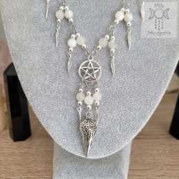 Naszyjnik Krucze Czaszki kamień księżycowy pentagram pentakl pióra witch