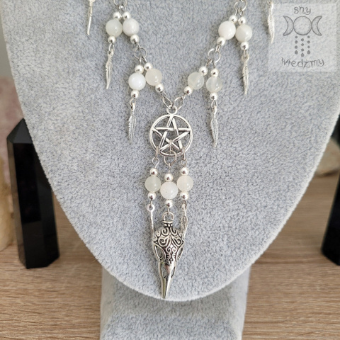 Naszyjnik Krucze Czaszki kamień księżycowy pentagram pentakl pióra witch Naszyjnik Krucze Czaszki kamień księżycowy pentagram pentakl pióra witch