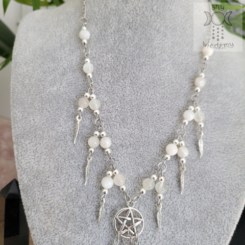 Naszyjnik Krucze Czaszki kamień księżycowy pentagram pentakl pióra witch Naszyjnik Krucze Czaszki kamień księżycowy pentagram pentakl pióra witch