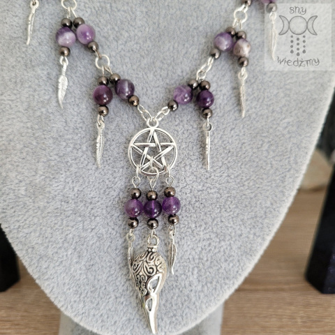 Naszyjnik Krucze Czaszki ametyst pentagram pentakl pióra witch Naszyjnik Krucze Czaszki ametyst pentagram pentakl pióra witch