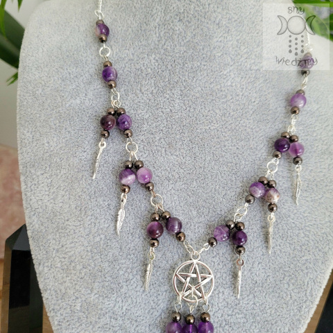 Naszyjnik Krucze Czaszki ametyst pentagram pentakl pióra witch Naszyjnik Krucze Czaszki ametyst pentagram pentakl pióra witch