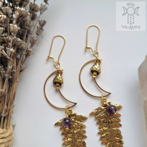 Kolczyki Gold Fern ametyst księżyc moon stal Kolczyki Gold Fern ametyst księżyc moon stal
