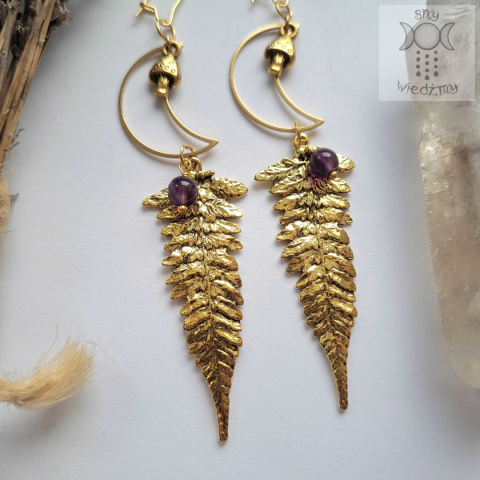 Kolczyki Gold Fern ametyst księżyc moon stal Kolczyki Gold Fern ametyst księżyc moon stal