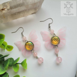 Kolczyki Motylki blady róż Fairy alternative witchy jadeit kwarc różowy