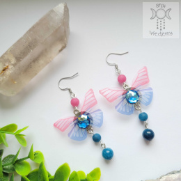 Kolczyki Motylki róż & niebieski Fairy alternative witchy jadeit