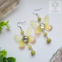 Kolczyki Motylki zielony & czerwony Fairy alternative witchy jadeit