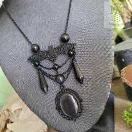 Naszyjnik Black Pearl kocie oko onyks nietoperze Bat kryształki kamea cameo