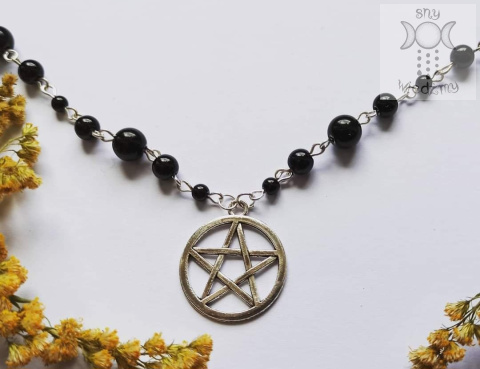 Naszyjnik Różaniec Pentagram Pentakl onyks witch stal Naszyjnik Różaniec Pentagram Pentakl onyks witch stal