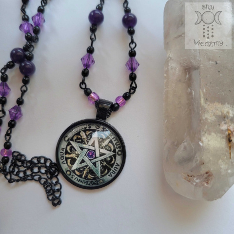 Naszyjnik Żywioły agat chalcedon czarny pentakl pentagram Naszyjnik Żywioły agat chalcedon czarny pentakl pentagram