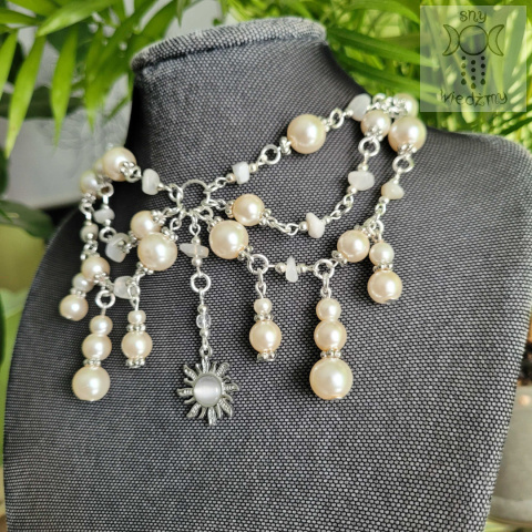 Kolia Sunset kamień księżycowy perły perełki słońce Sun kocie oko naszyjnik choker Kolia Sunset kamień księżycowy perły perełki słońce Sun kocie oko naszyjnik choker