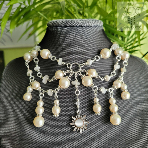 Kolia Sunset kamień księżycowy perły perełki słońce Sun kocie oko naszyjnik choker Kolia Sunset kamień księżycowy perły perełki słońce Sun kocie oko naszyjnik choker