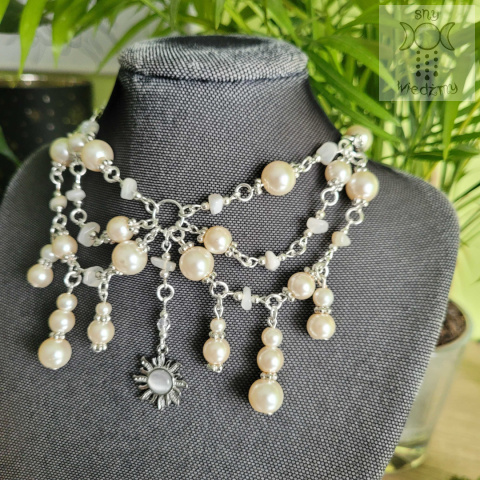 Kolia Sunset kamień księżycowy perły perełki słońce Sun kocie oko naszyjnik choker Kolia Sunset kamień księżycowy perły perełki słońce Sun kocie oko naszyjnik choker