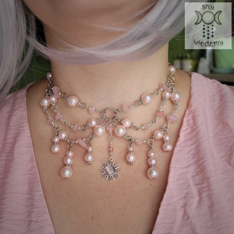 Kolia Sunset kamień księżycowy perły perełki słońce Sun kocie oko naszyjnik choker Kolia Sunset kamień księżycowy perły perełki słońce Sun kocie oko naszyjnik choker