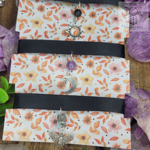 Zestaw mini chokerów ametyst czarny turmalin larimar księżyc słońce Ćma Moon moth sun Zestaw mini chokerów ametyst czarny turmalin larimar księżyc słońce Ćma Moon moth sun