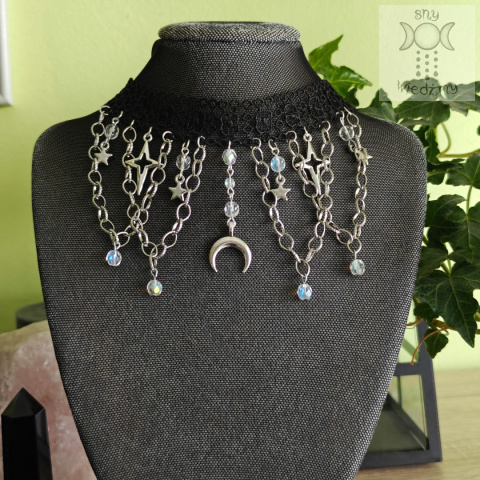 Choker Lunarny kryształowy naszyjnik kolia kryształki księżyc lunula gwiazdy Choker Lunarny kryształowy naszyjnik kolia kryształki księżyc lunula gwiazdy