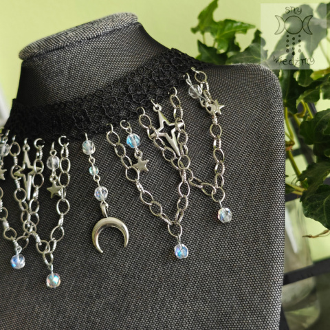 Choker Lunarny kryształowy naszyjnik kolia kryształki księżyc lunula gwiazdy Choker Lunarny kryształowy naszyjnik kolia kryształki księżyc lunula gwiazdy