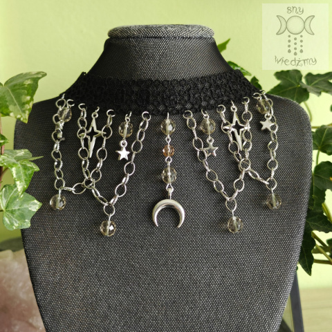 Choker Lunarny szary naszyjnik kolia kryształki księżyc lunula gwiazdy Choker Lunarny szary naszyjnik kolia kryształki księżyc lunula gwiazdy