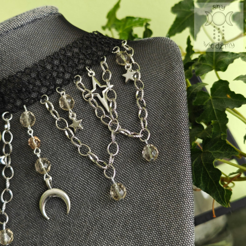 Choker Lunarny szary naszyjnik kolia kryształki księżyc lunula gwiazdy Choker Lunarny szary naszyjnik kolia kryształki księżyc lunula gwiazdy