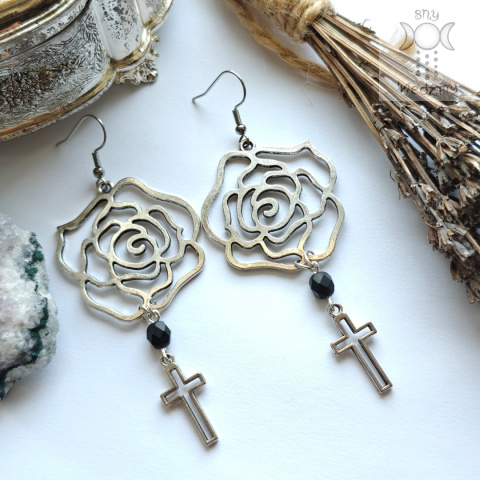Kolczyki Rose & Cross kryształki róża krzyż