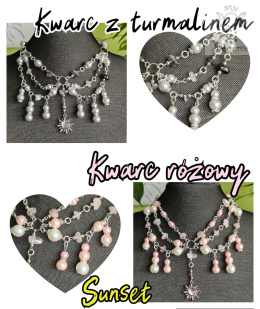 Kolia Sunset Kwarc różowy perły kwarc z turmalinem perełki słońce Sun kocie oko naszyjnik choker