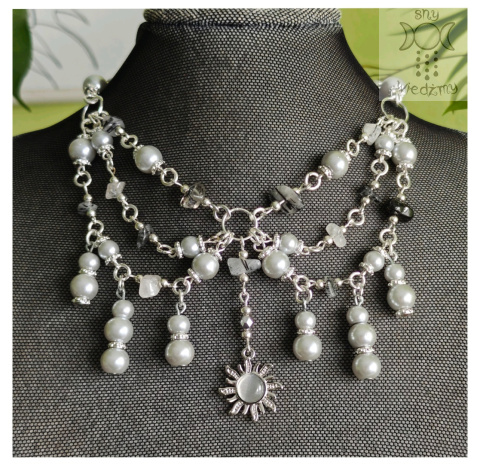 Kolia Sunset Kwarc różowy perły kwarc z turmalinem perełki słońce Sun kocie oko naszyjnik choker Kolia Sunset Kwarc różowy perły kwarc z turmalinem perełki słońce Sun kocie oko naszyjnik choker