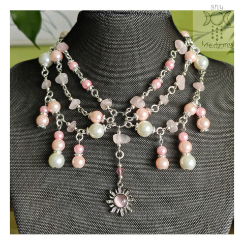 Kolia Sunset Kwarc różowy perły kwarc z turmalinem perełki słońce Sun kocie oko naszyjnik choker Kolia Sunset Kwarc różowy perły kwarc z turmalinem perełki słońce Sun kocie oko naszyjnik choker