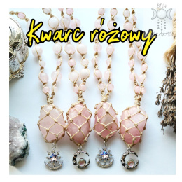 Makramowy naszyjnik kwarc różowy makrama gwiazda księżyc