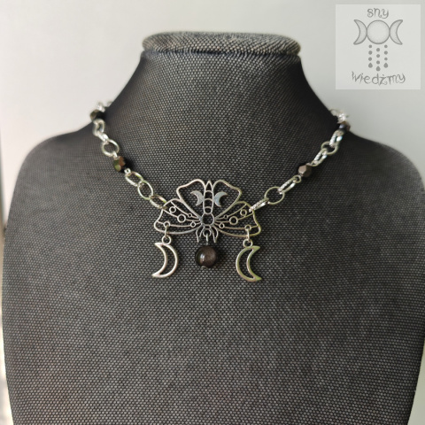 Moth Chain choker naszyjnik obsydian srebrzysty triple moon