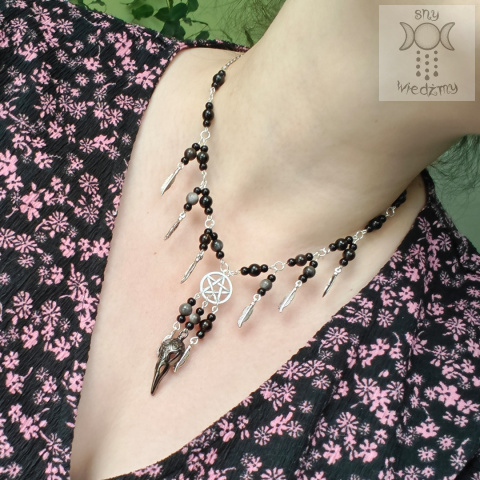 Naszyjnik Krucze Czaszki ametyst pentagram pentakl pióra witch Naszyjnik Krucze Czaszki ametyst pentagram pentakl pióra witch