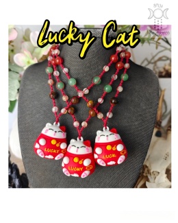 Lucky Cat kot na szczęście i dobrobyt cytryn awenturyn tygrysie oko karneol makrama Makramowy naszyjnik
