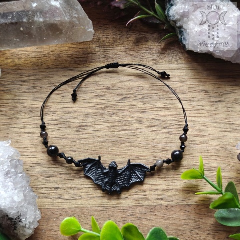 Bransoletka Bat Tears obsydian srebrzysty nietoperz Black Dark goth