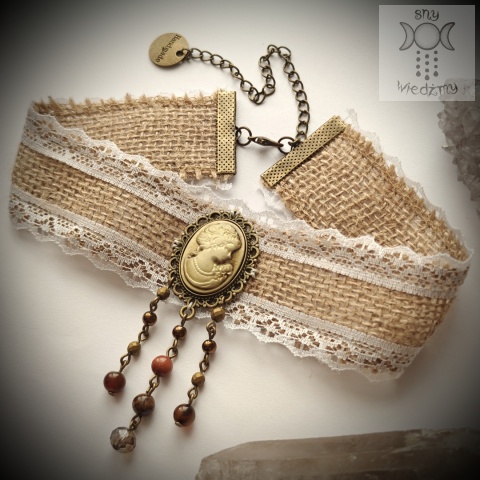 Choker Kolia Cottagecore Cameo Kamea tygrysie oko agat wężowy piasek pustyni