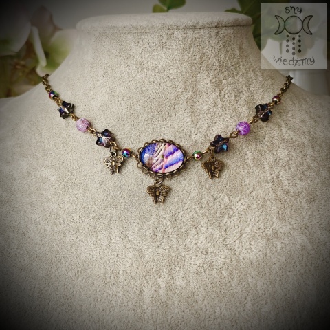 Choker Lavender Agat smoczy hematyt lawenda motyle ćmy braz