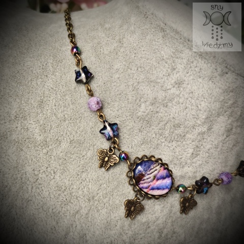 Choker Lavender Agat smoczy hematyt lawenda motyle ćmy braz