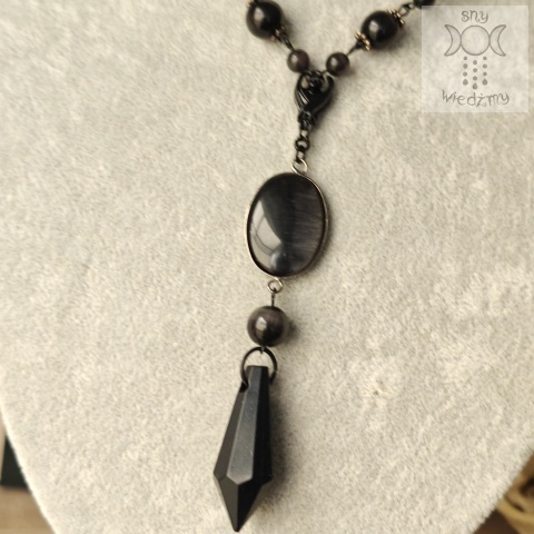 Naszyjnik Black Pearl Crystal kocie oko Bat nietoperz