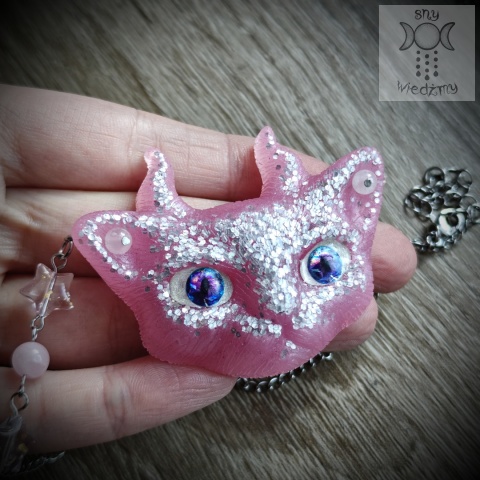 Naszyjnik Monster cat różowy kwarc różowy stal gwiazdy