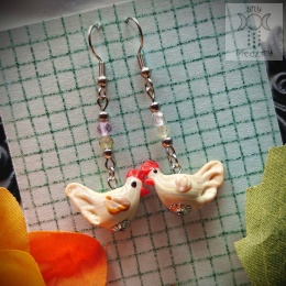 Kolczyki Kurki lampwork prehnit kunzyt stal